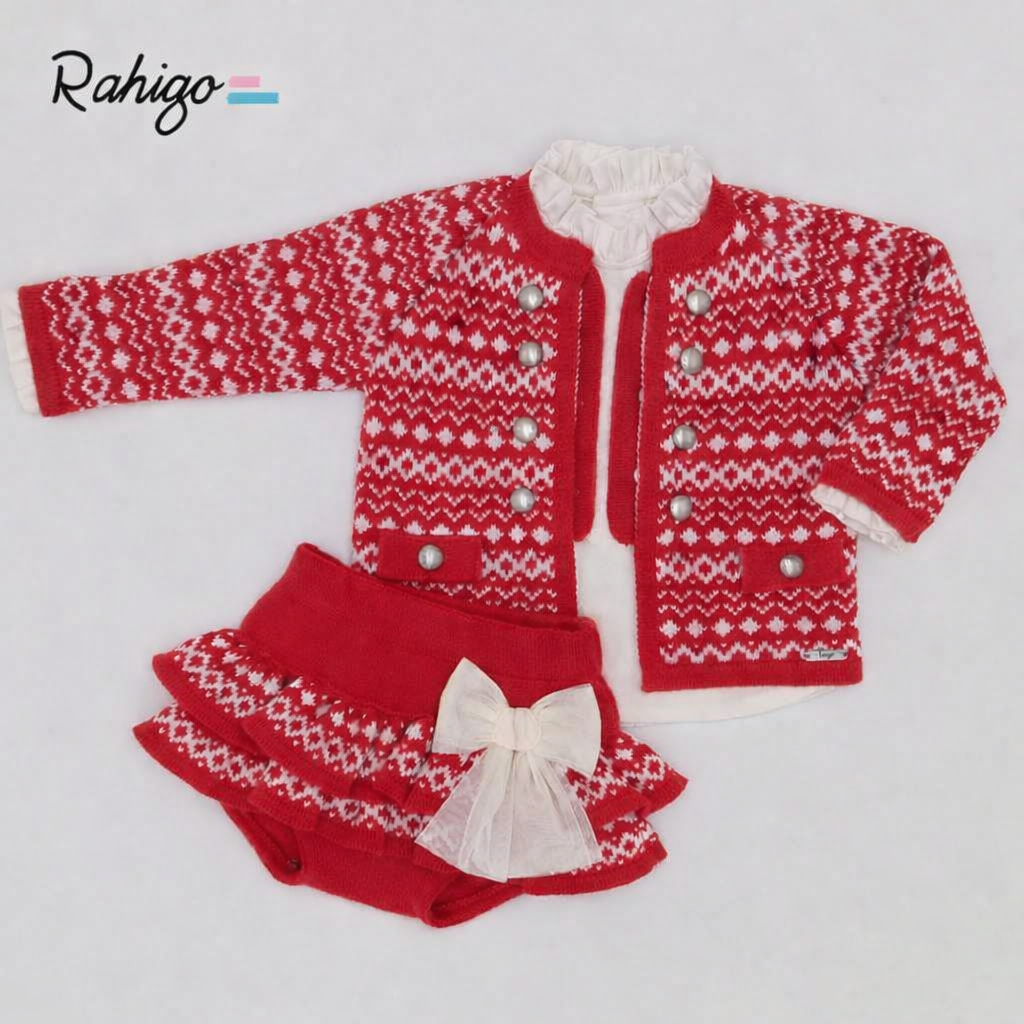 Rahigo Baby Girls Red & Cream Cardigan, Blouse & Skirt Set - AW26 (Preorder)