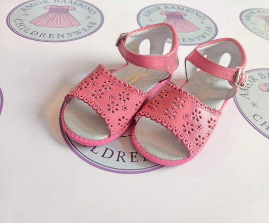 Baby Girls Fushia Leather Hole Punch Flower Sandals (In Stock)