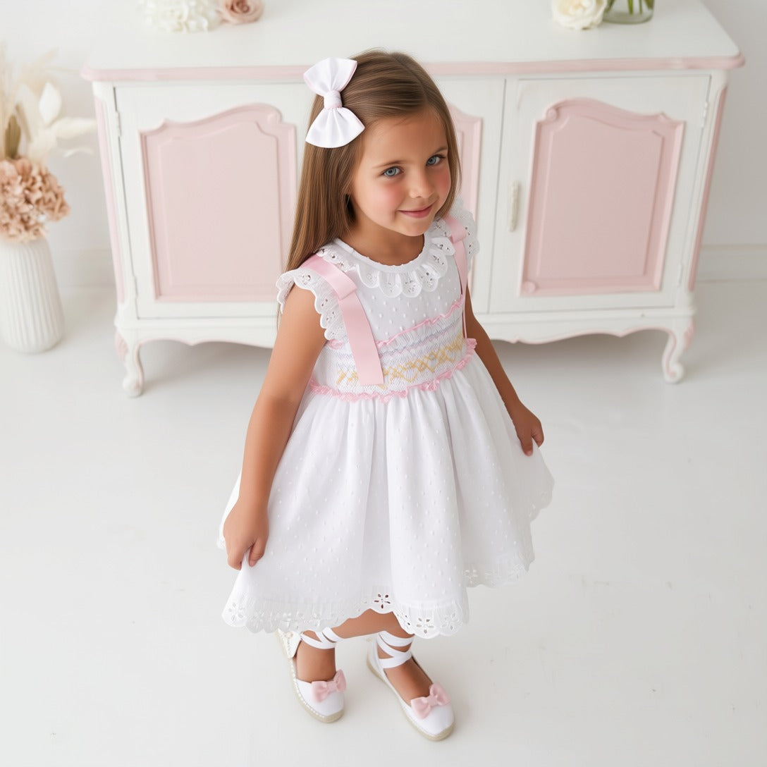 Sonata Girls White Plumetti Smocked Dress & Hairbow SS26 - (Made To Order)