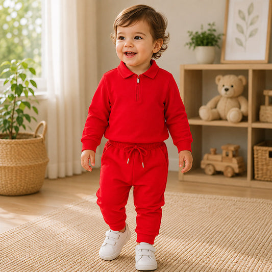 Baby Boys Red Zip Neck Polo 2 Piece Tracksuit Set