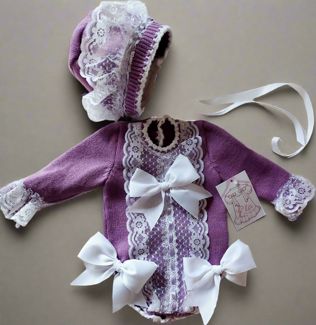 Ela Confeccion Red Hand Knitted Romper & Bonnet - (Made To Order)