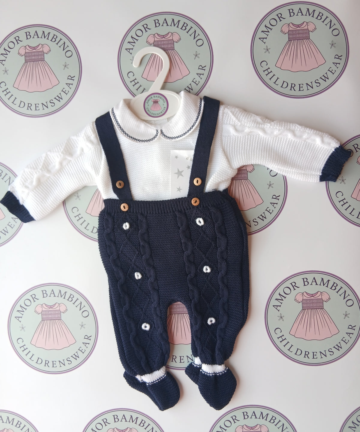 Baby Boys Camilo Navy Blue 2 piece Knitted Dungaree Set