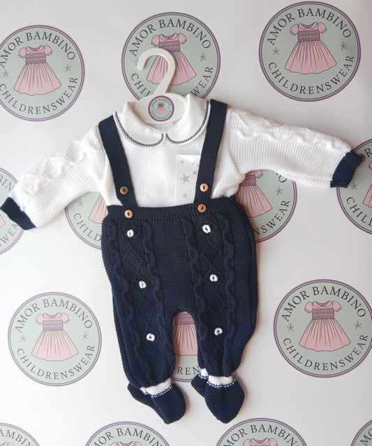 Baby Boys Camilo Navy Blue 2 piece Knitted Dungaree Set