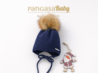 Pangasa Baby Marino Navy Natural Fur Cable Knitted 9m Pramsuit & 12m String Tie Hat - In Stock