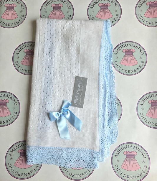 Boys Baby Blue & White Open Dot Knitted Spanish Blanket with Bow