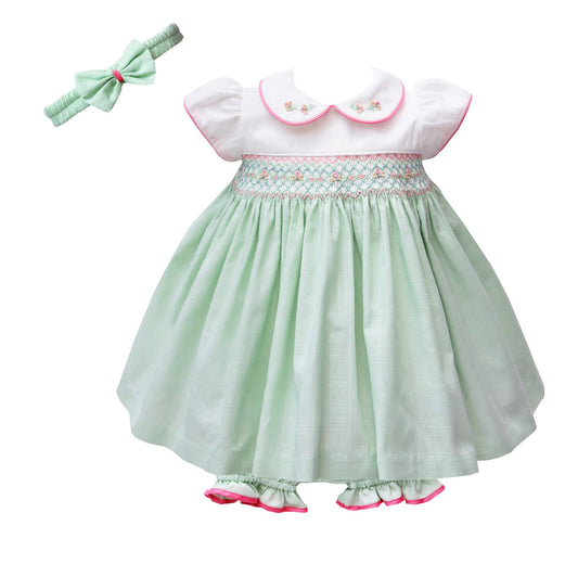 Girls Green Smocked Dress Set
