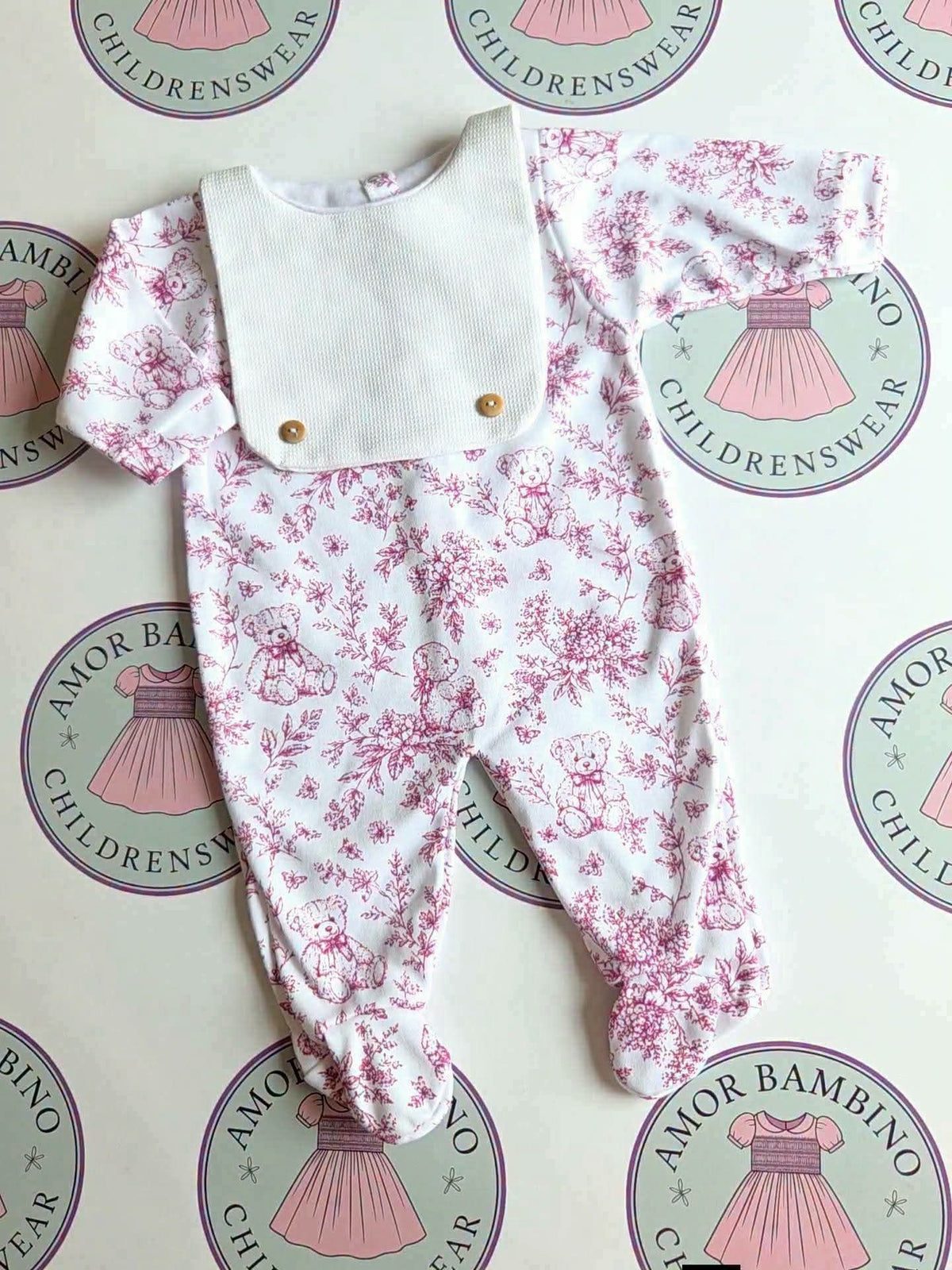 Baby Girls Cherry Red Attached Bib Teddy Babygrow