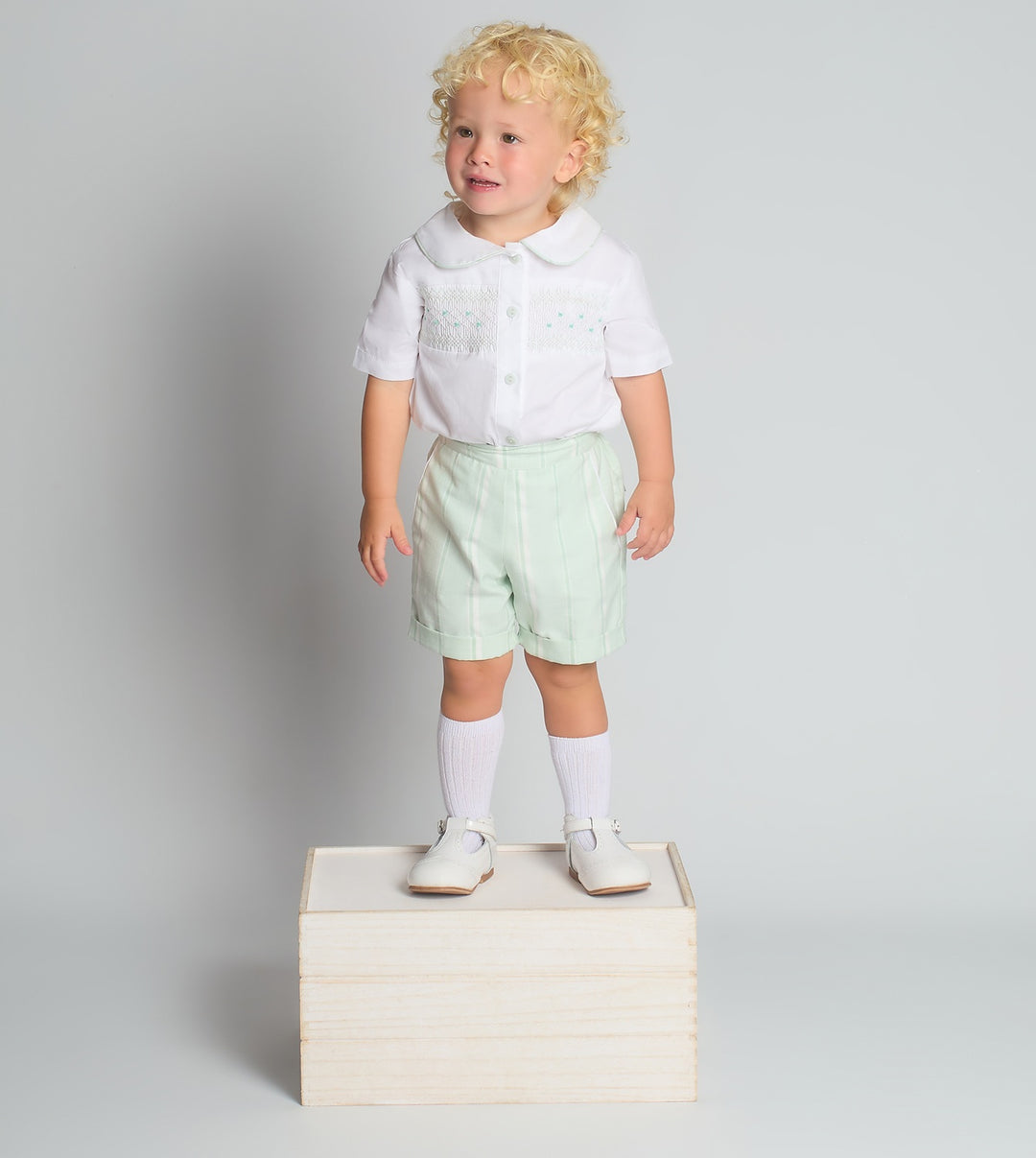 Boys Mint Smocked Shirt & Shorts Set