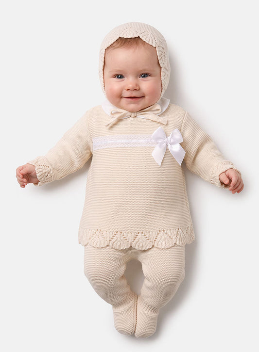 Baby Girls Bow & Lace Beige 3 piece Knitted Set