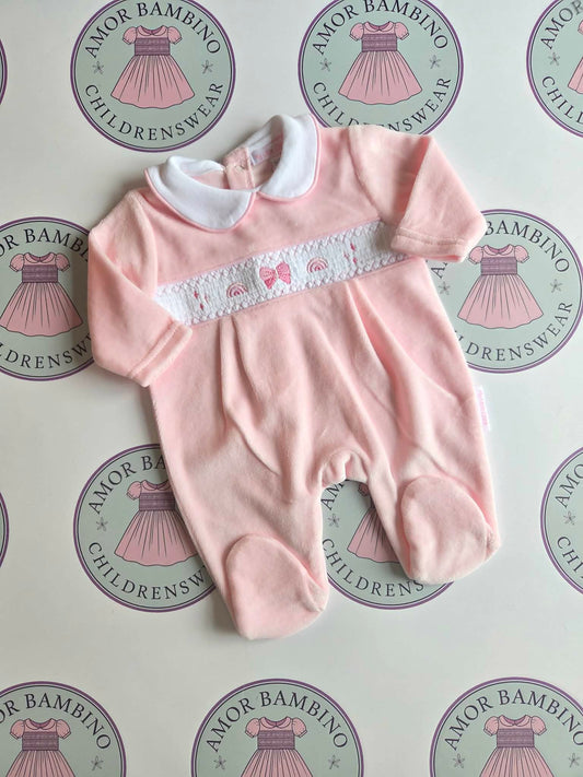 Baby Girls Pink Bows & Rainbow Smocked Babygrow