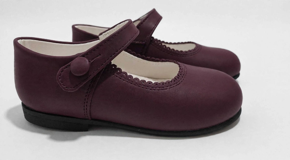Girls Burgundy Matte Leather Button Mary Jane Shoes - In Stock