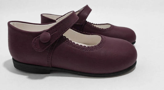 Girls Burgandy Matte Leather Button Mary Jane Shoes - In Stock