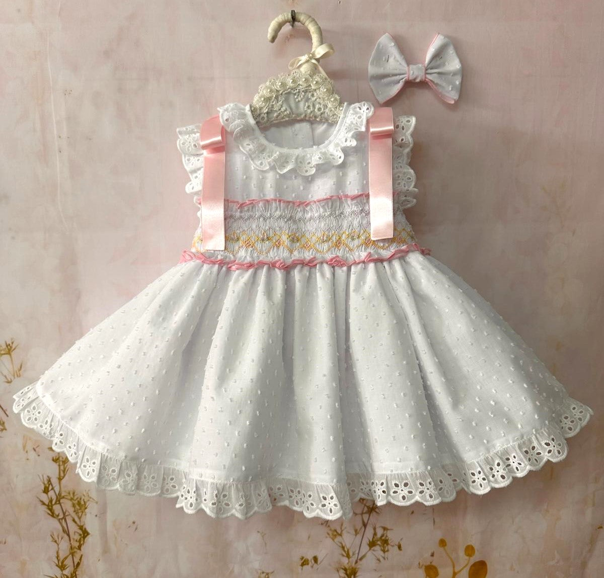 Sonata Girls White Plumetti Smocked Dress & Hairbow SS26 - (Made To Order)