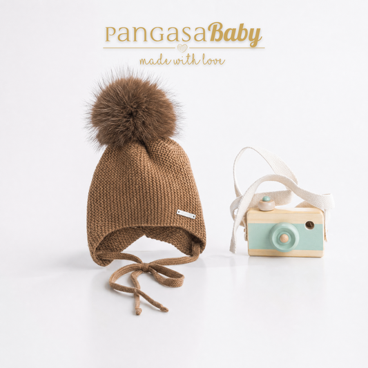 Pangasa Baby Chocolate Brown Natural Fur Pom String Tie Hat - Preorder