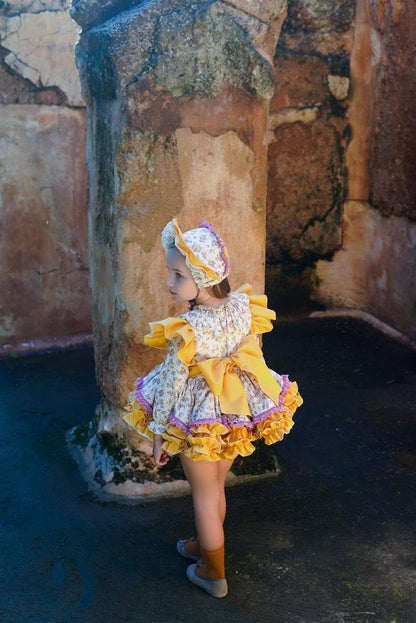 Ela Confeccion AW25 Girls Yellow Ditsy Puffball Dress Set - (Made to order)