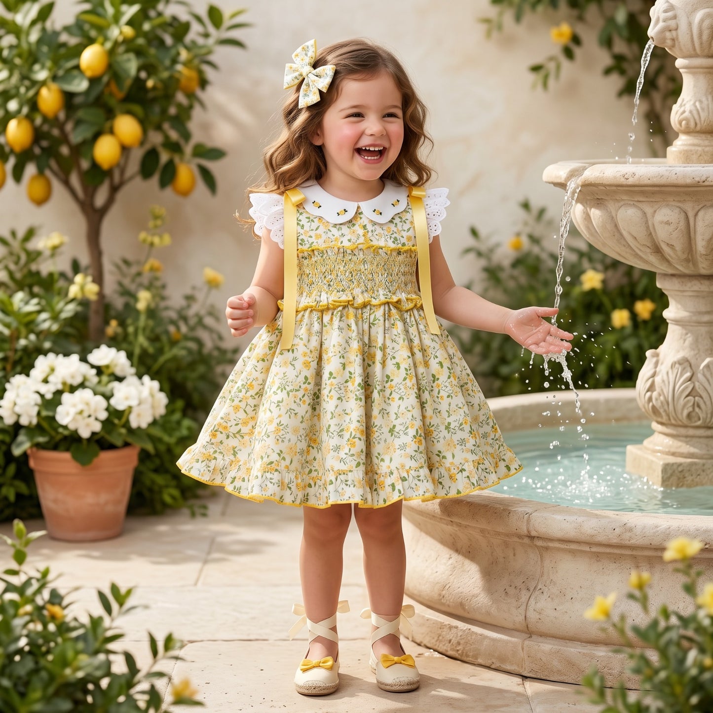 Sonata Girls Yellow Smocked Floral Dress & Hairbow SS26 - (Made To Order)