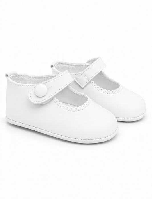 White Leather Baby Girls Button Pram Shoes - In Stock