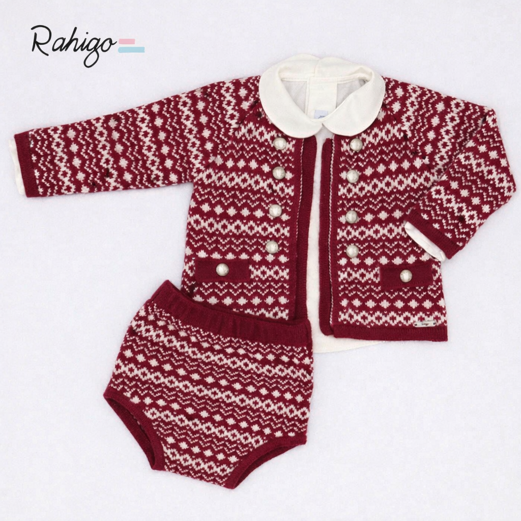 Rahigo Baby Boys Burgundy Red & Cream Cardigan, Shirt, Shorts, Pom Hat & Socks Set - AW26 (Preorder)