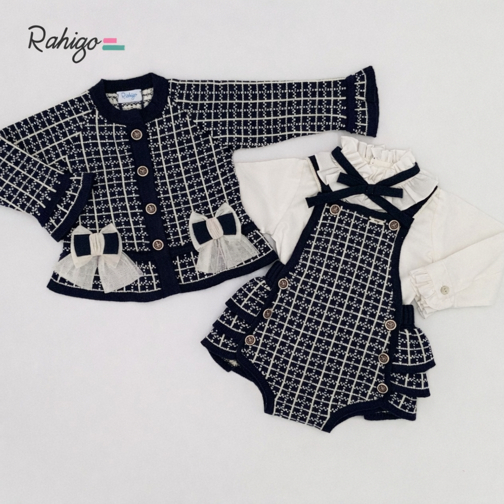 Rahigo Baby Girls Navy & Cream Cardigan, Blouse & Pinafore Set - AW26 (Preorder)