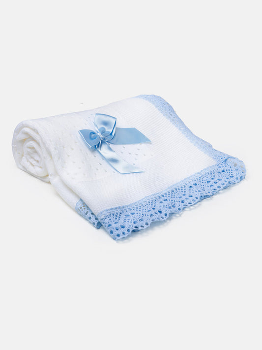 Boys Baby Blue & White Open Dot Knitted Spanish Blanket with Bow