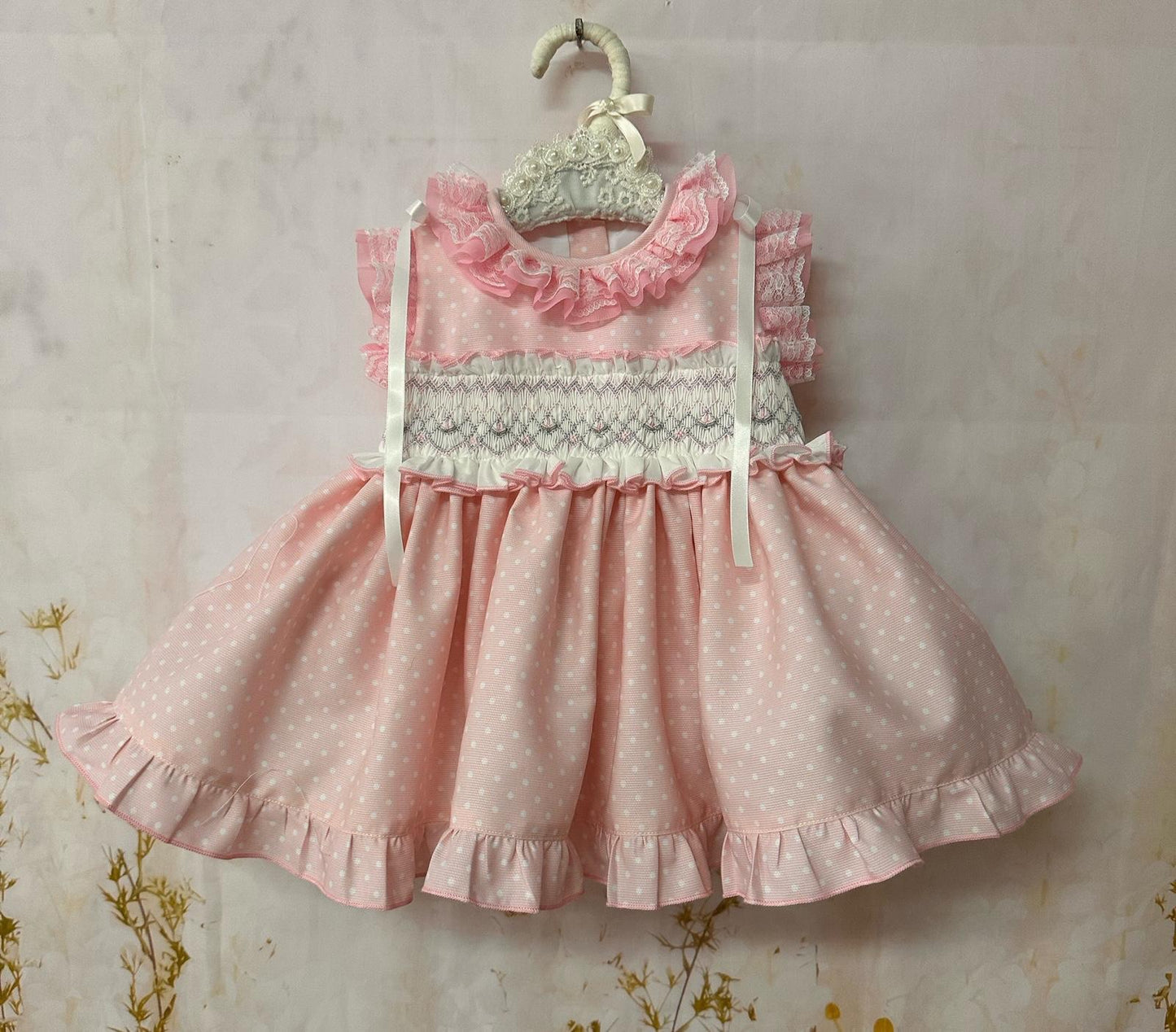 Sonata Girls Pink Smocked Polka Dot Dress & Hairbow SS26 - (Made To Order)