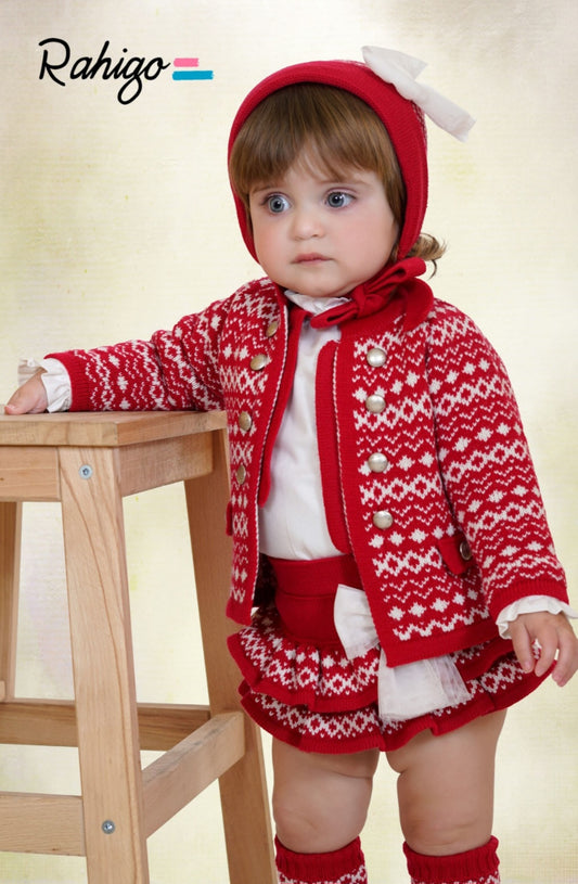 Rahigo Girls Red & Cream Cardigan, Blouse & Skirt Set - AW26 (Preorder)
