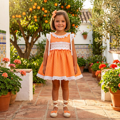 Sonata Girls Orange Smocked Polka Dot Dress & Hairbow SS26 - (Made To Order)