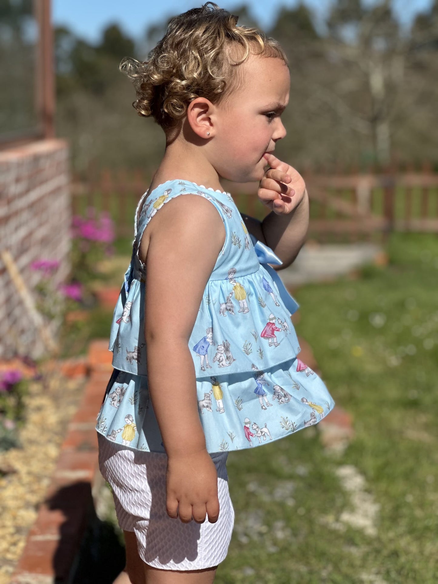Sonata Blue Ruffle Short & Blouse Set - (Made To Order)