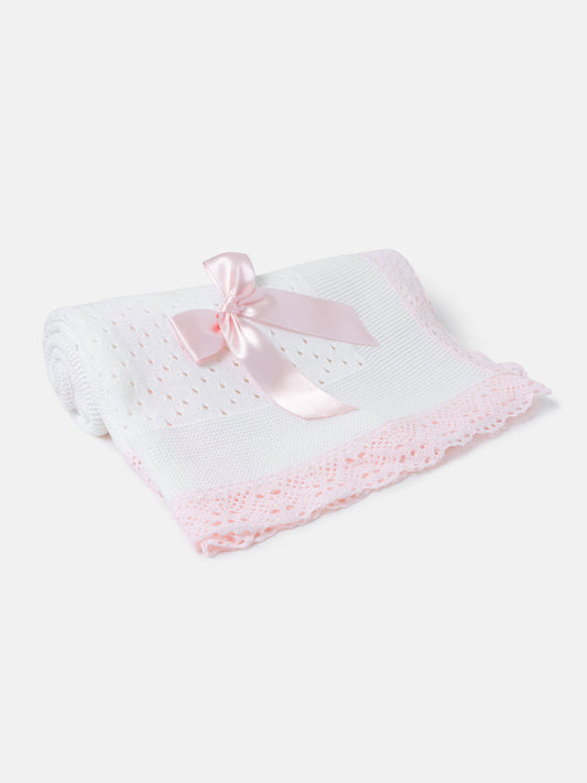 Girls Baby Pink & White Open Dot Knitted Spanish Blanket with Bow
