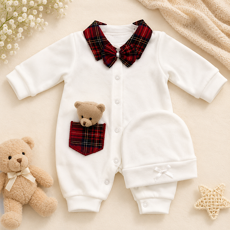 Ivory & Red Tartan Teddybear Babygrow
