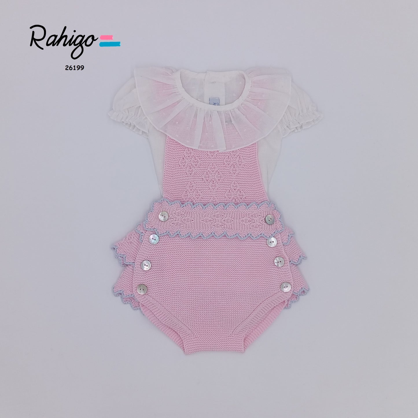 Rahigo Girls Baby Pink & Pale Blue Romper & Blouse, Socks & Bonnet Set - SS26 In stock