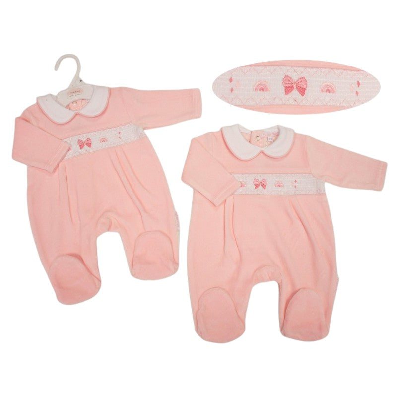 Baby Girls Pink Bows & Rainbow Smocked Babygrow