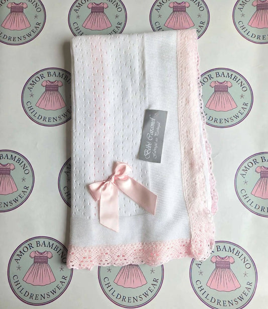 Girls Baby Pink & White Open Dot Knitted Spanish Blanket with Bow