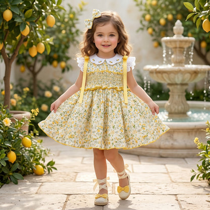 Sonata Girls Yellow Smocked Floral Dress & Hairbow SS26 - (Made To Order)