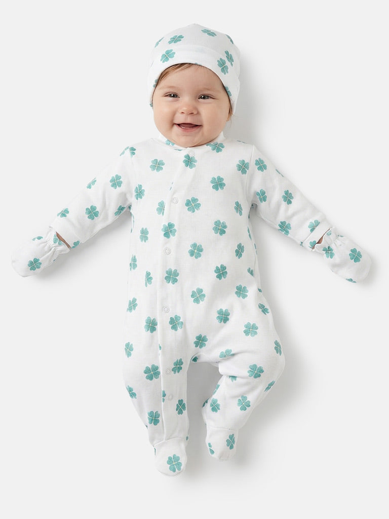 White & Green Lucky Clover Babygrow 3 piece Set