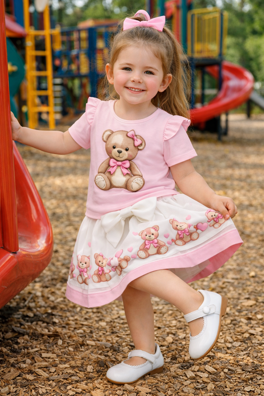 Pink Teddybear Top & Skirt Set