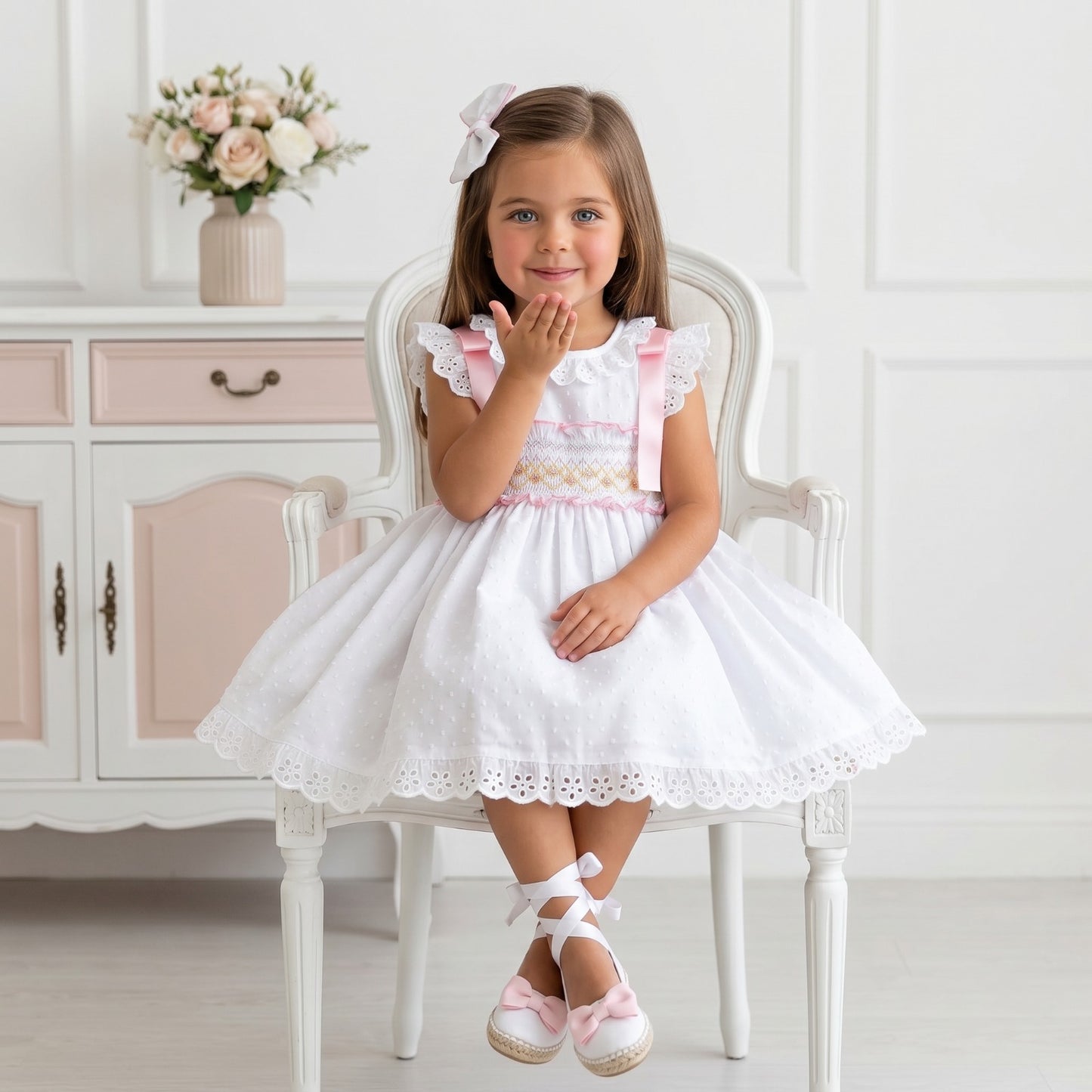 Sonata Girls White Plumetti Smocked Dress & Hairbow SS26 - (Made To Order)