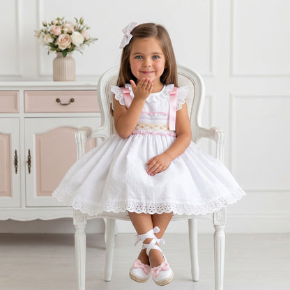 Sonata Girls White Plumetti Smocked Dress & Hairbow SS26 - (Made To Order)