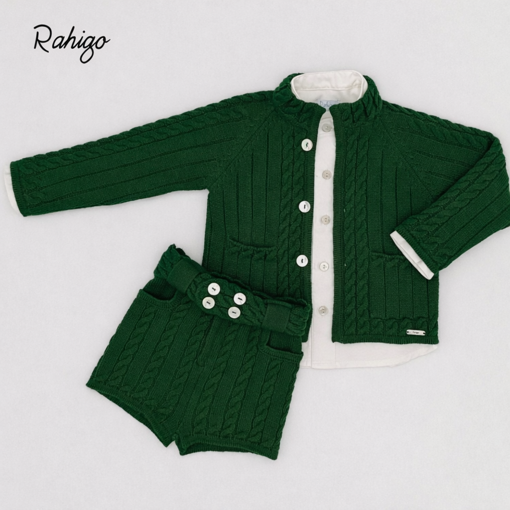 Rahigo Boys Bottle Green Cardigan, Shirt, Shorts, Pom Hat & Socks Set - AW26 (Preorder)