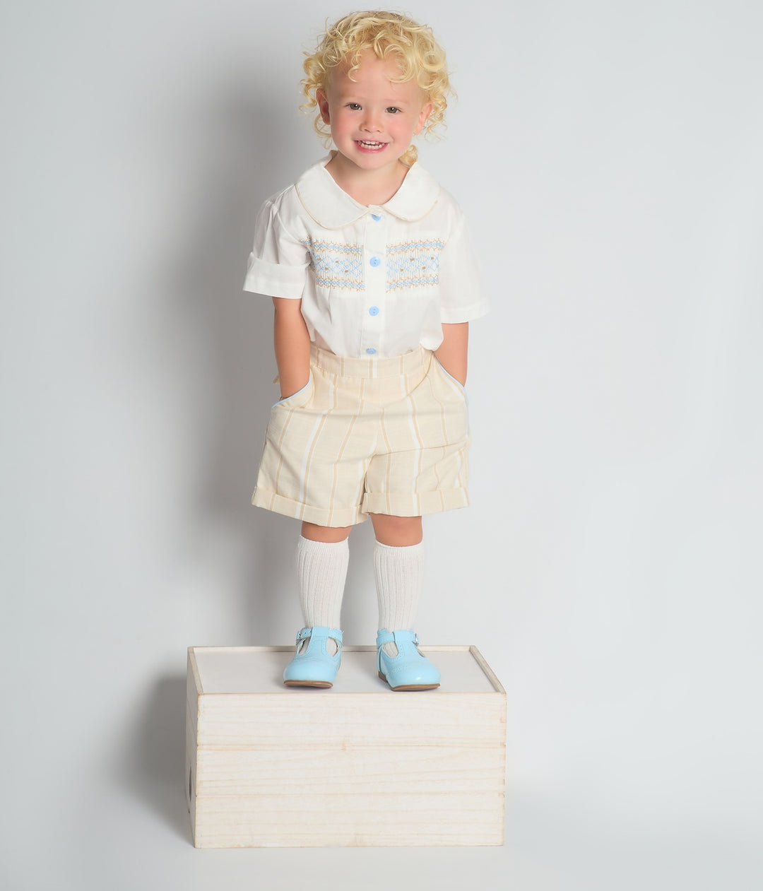 Boys Beige Smocked Shirt & Shorts Set