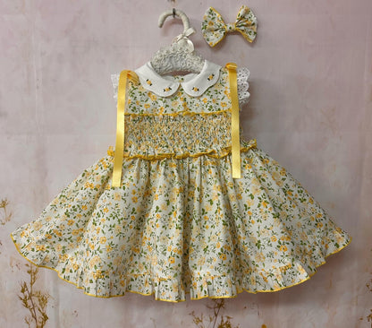 Sonata Girls Yellow Smocked Floral Dress & Hairbow SS26 - (Made To Order)