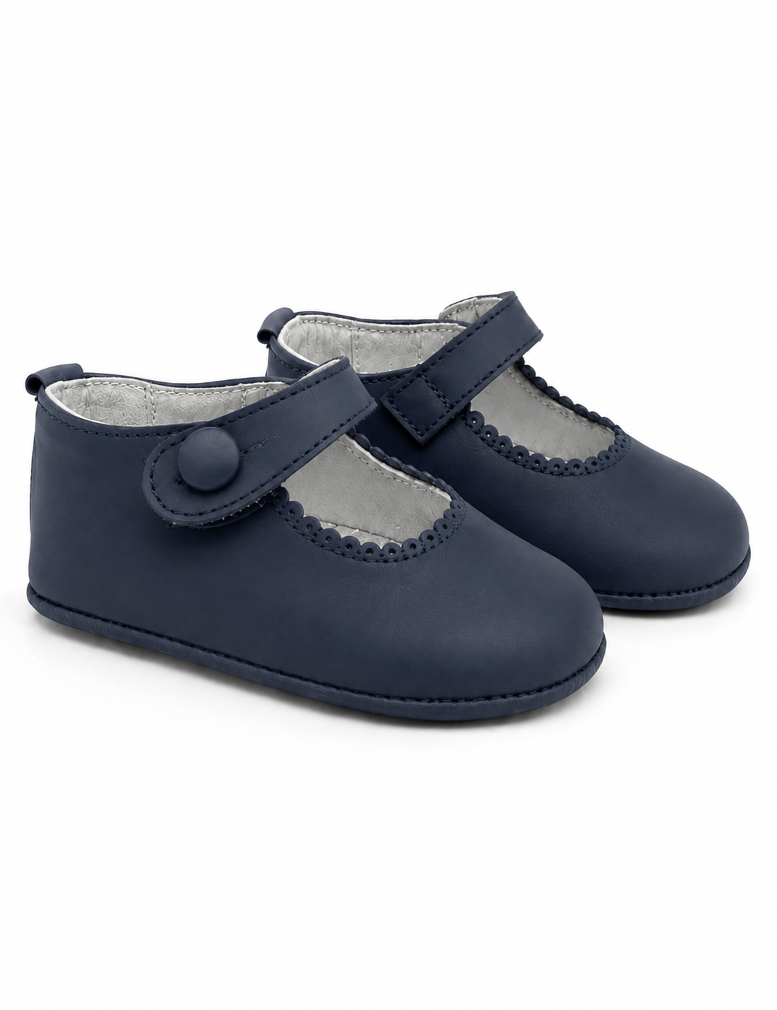 Navy Leather Baby Girls Button Pram Shoes - In Stock
