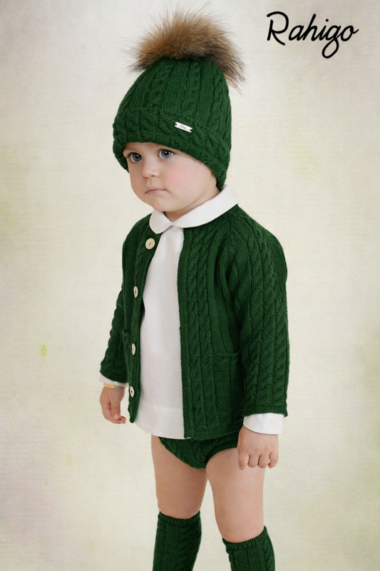 Rahigo Baby Boys Bottle Green Cardigan, Shirt, Jam Pants, Pom Hat & Socks Set - AW26 (Preorder)