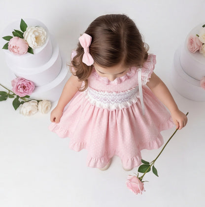 Sonata Girls Pink Smocked Polka Dot Dress & Hairbow SS26 - (Made To Order)