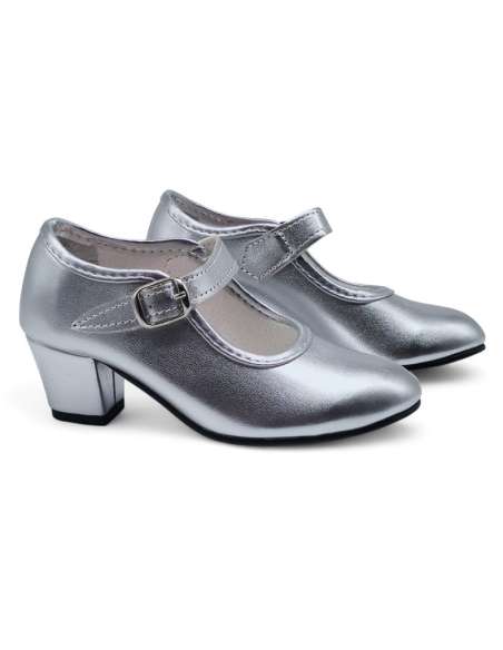 Silver Girls Leather Heeled Shoes (Preorder)