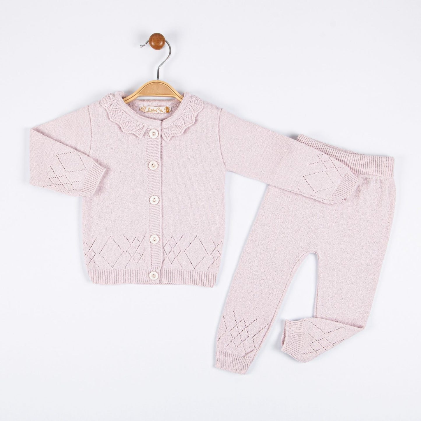 Baby Girls Knitted Diamond Embossed Diamond Cardigan & Bottoms Set
