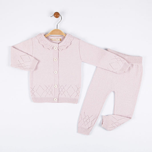 Baby Girls Knitted Diamond Embossed Diamond Cardigan & Bottoms Set