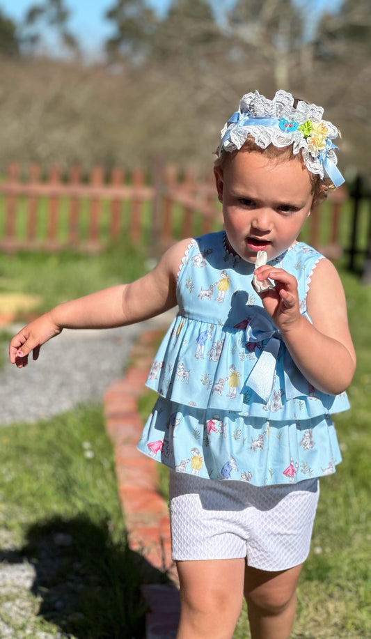 Sonata Blue Ruffle Short & Blouse Set - (Made To Order)