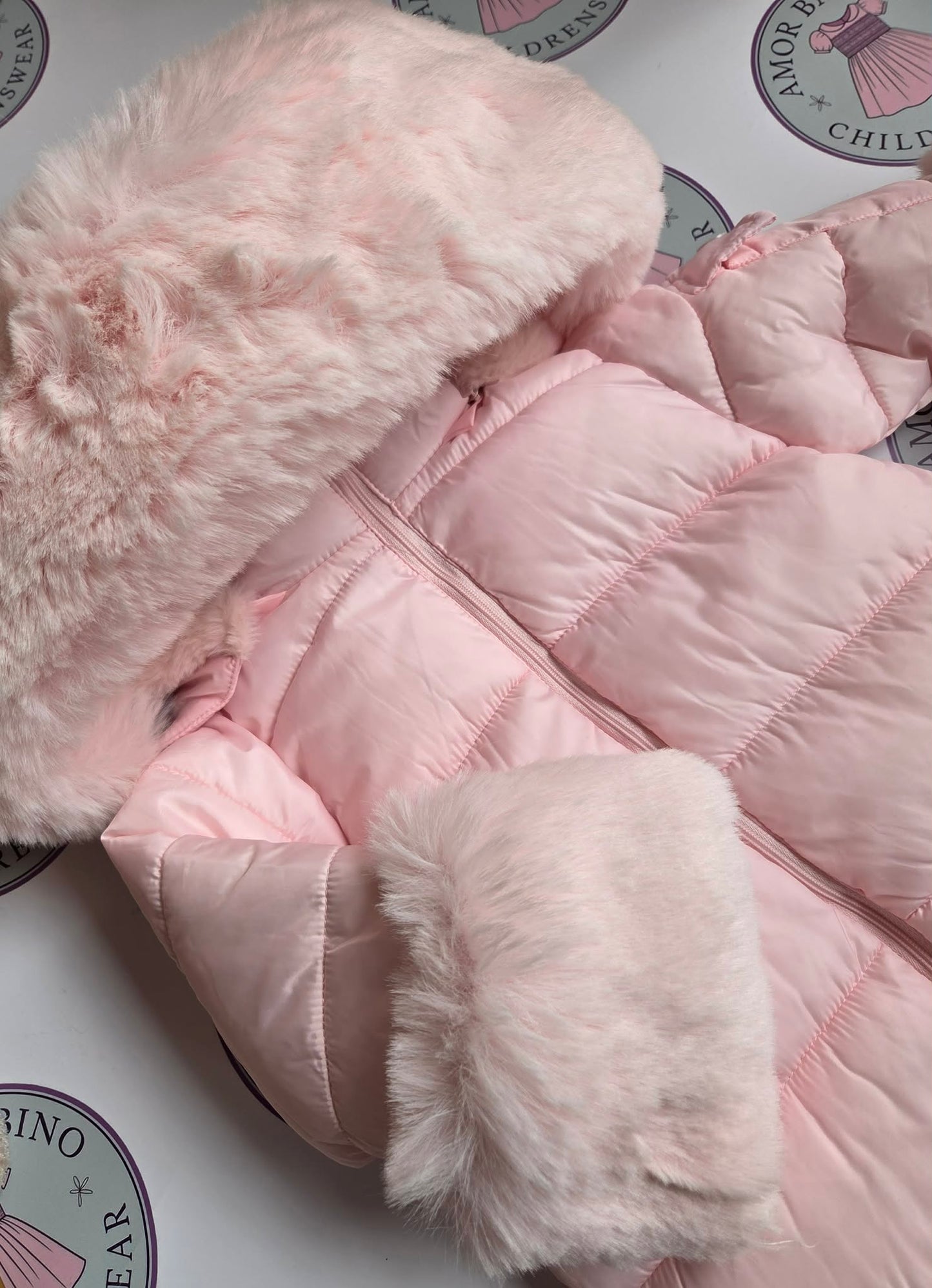 Girls Baby Pink Faux Fur Hooded Coat