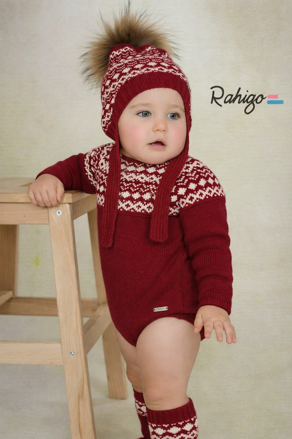 Rahigo Baby Boys Burgundy Red & Cream Romper, Pom String Hat & Socks - AW26 (Preorder)